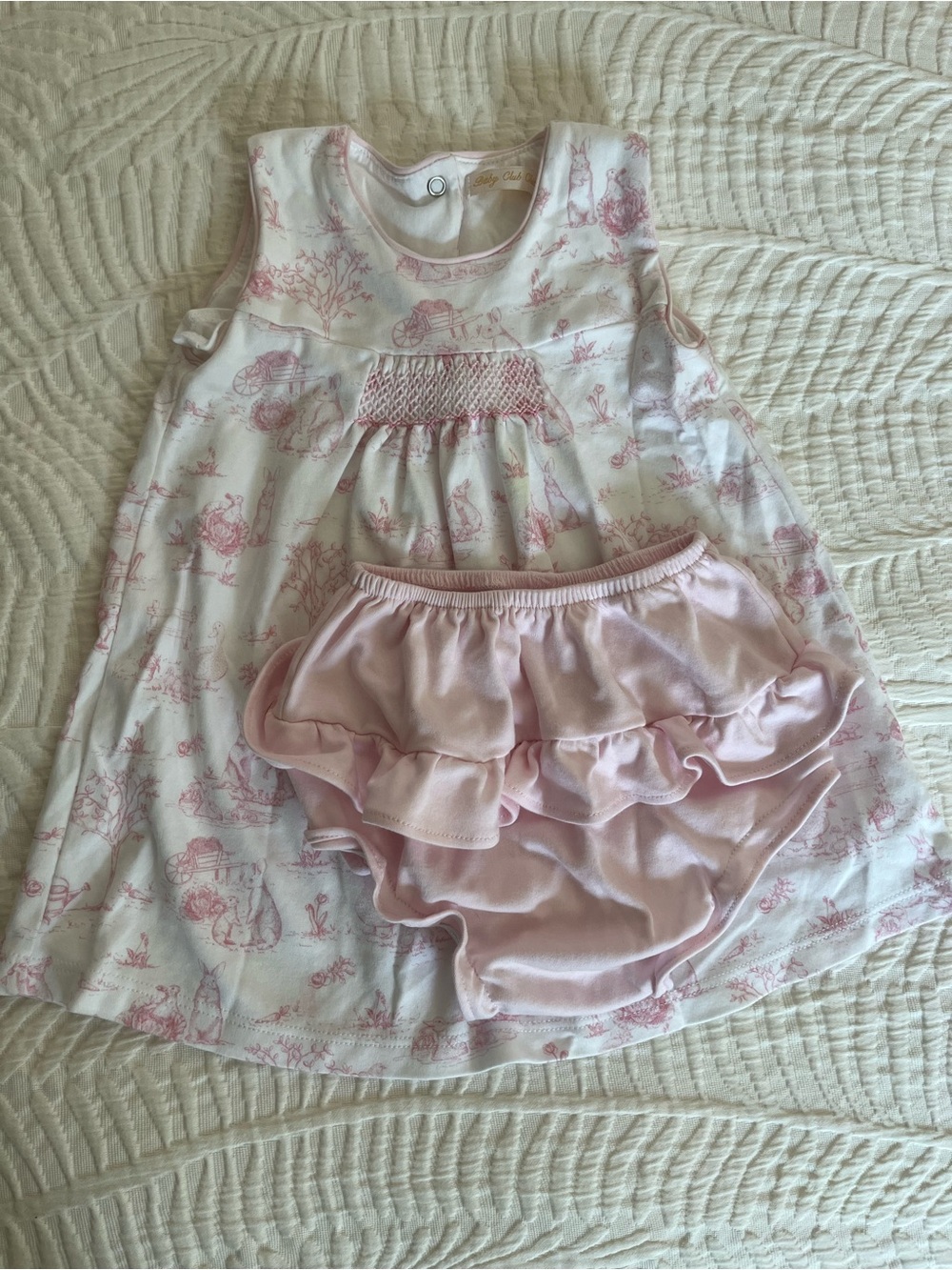 Girls Bunny Toile Dress with Ruffle Bloomers